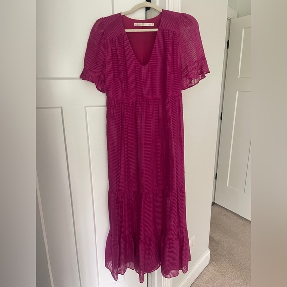 Marie Oliver Vanessa Fuschia Pink Subtle Plaid Short Sleeve V Neck Maxi Dress - Picture 2 of 6